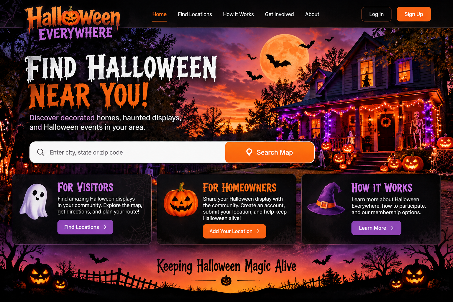 Concept artwork showing the Halloween Everywhere website with glowing pumpkins, a decorated house and an orange-purple Halloween sky